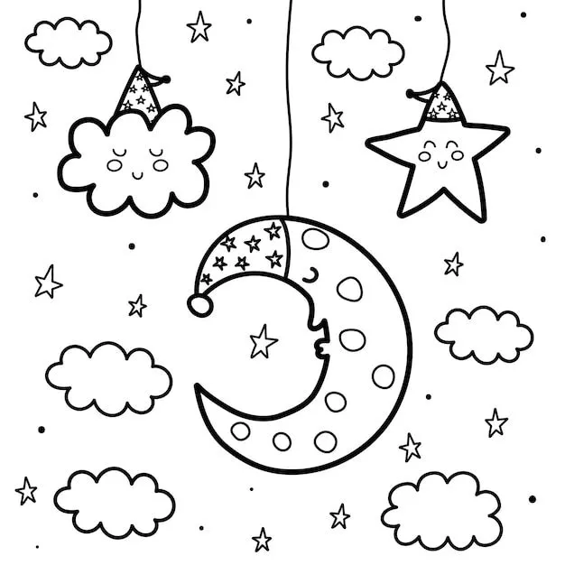 Dormir luna y estrella en la noche página para colorear. dulces sueños tarjeta en blanco y negro. ilustración de fantasía de contorno | Vector Premium Dormir luna y estrella en la noche página para colorear. dulces sueños tarjeta en blanco y negro. ilustración de fantasía de contorno | Vector Premium