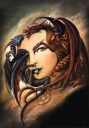 los dragones peliando forman una cara de una mujer