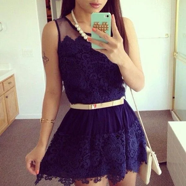 Dress: blue dress, lovely dress, gold, bag, choker necklace ...