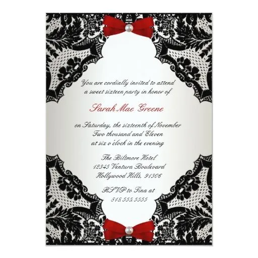 Dulce rojo, blanco y negro 16 del cordón invitación 5" x 7" | Zazzle