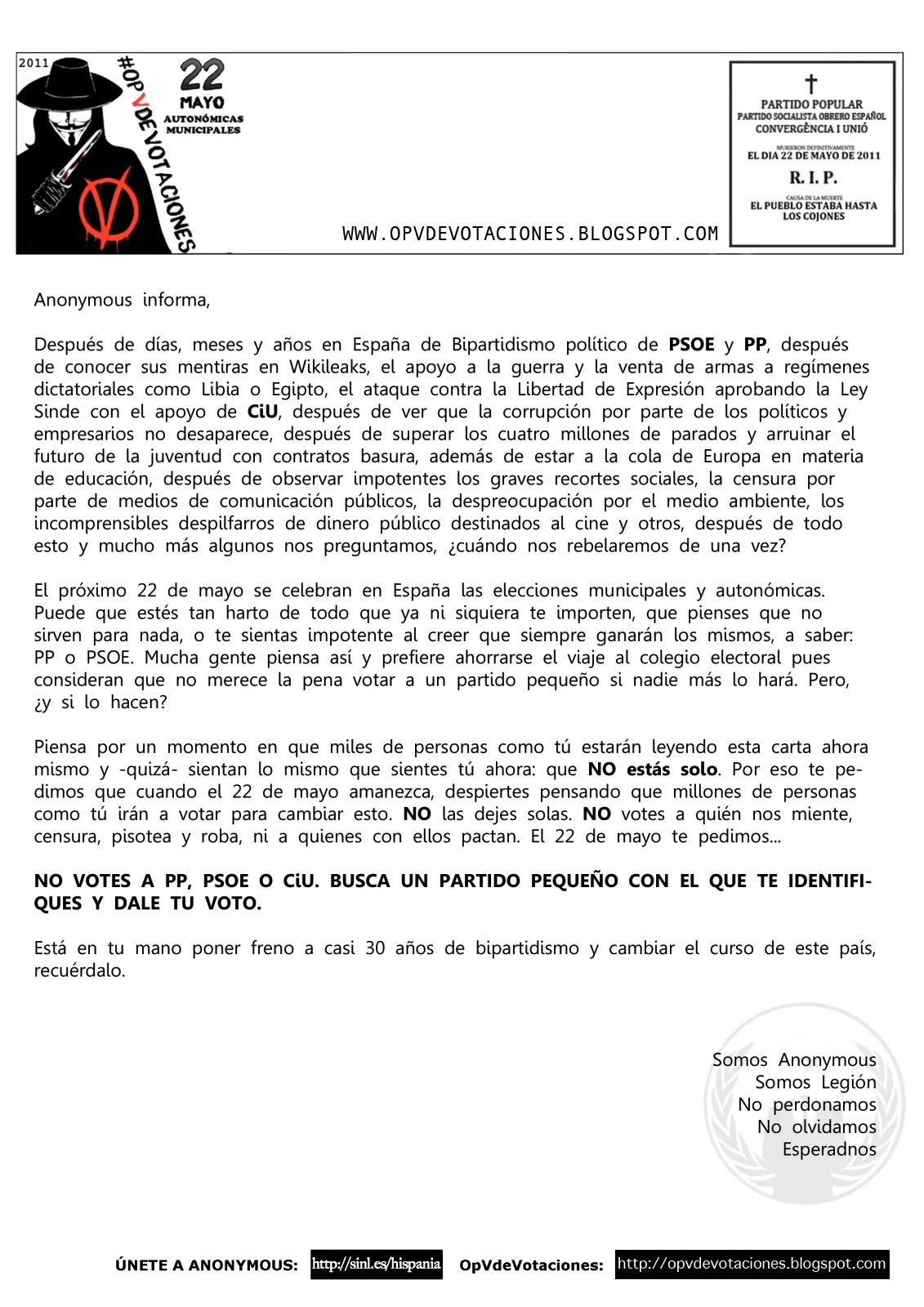 e-Línea: Una carta de Anonymous sobre las elecciones del 22 de mayo e-Línea: Una carta de Anonymous sobre las elecciones del 22 de mayo