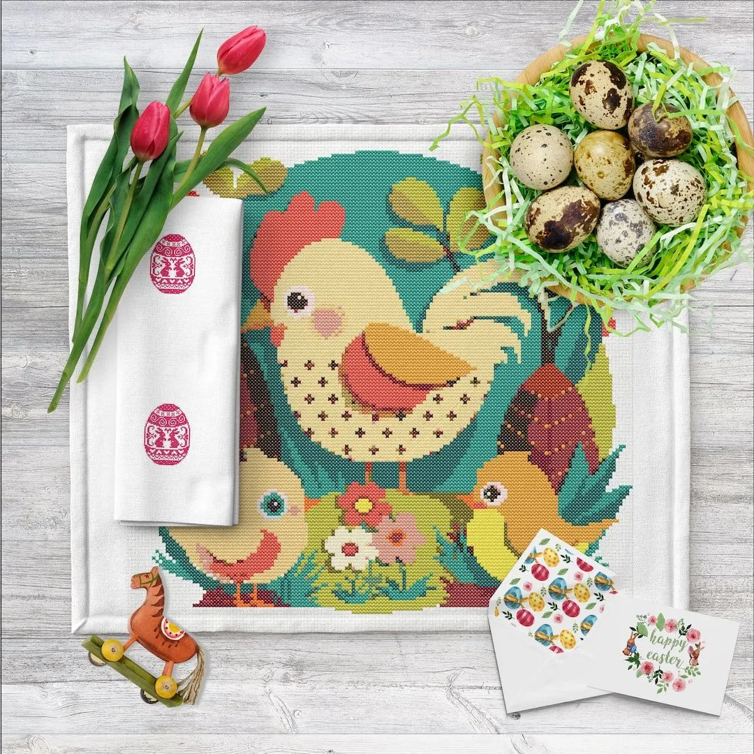 Easter cross stitch pattern with chicks and chocolate eggs - Crealandia Easter cross stitch pattern with chicks and chocolate eggs - Crealandia