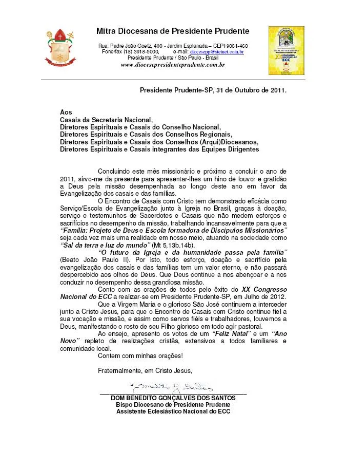 E.C.C. DIOCESE DE SANTOS: CARTA DE DOM BENEDITO - MENSAGEM DE FIM ... E.C.C. DIOCESE DE SANTOS: CARTA DE DOM BENEDITO - MENSAGEM DE FIM ...