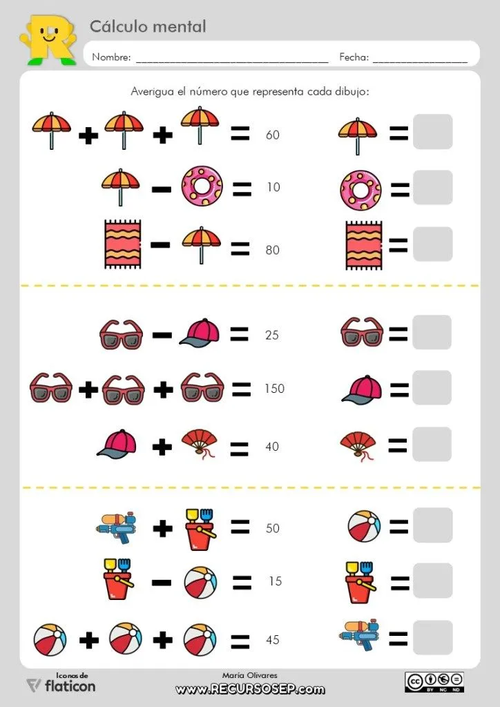 Ejercicio de cálculo mental con dibujos de verano Ejercicio de cálculo mental con dibujos de verano