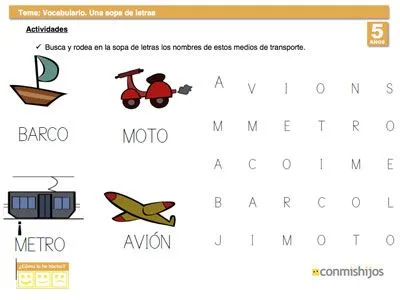 Ejercicio de lengua para niños. Resolver una sopa de letras