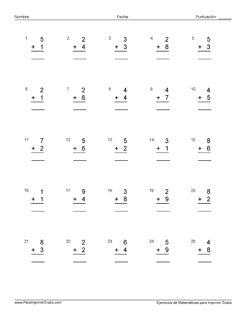 Ejercicios de Suma - Para Imprimir Gratis - ParaImprimirGratis.