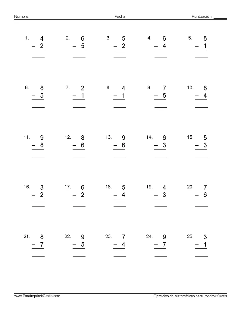 Ejercicios de Resta - Para Imprimir Gratis - ParaImprimirGratis.