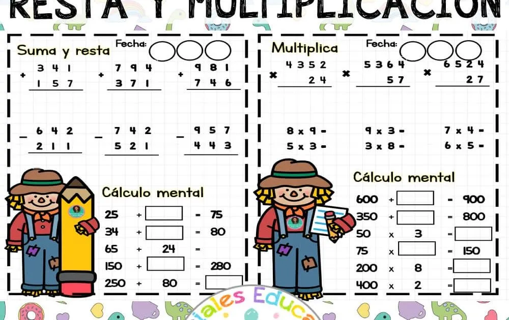 Ejercicios de Suma, Resta y Multiplicación | Materiales Educativos para Maestras Ejercicios de Suma, Resta y Multiplicación | Materiales Educativos para Maestras
