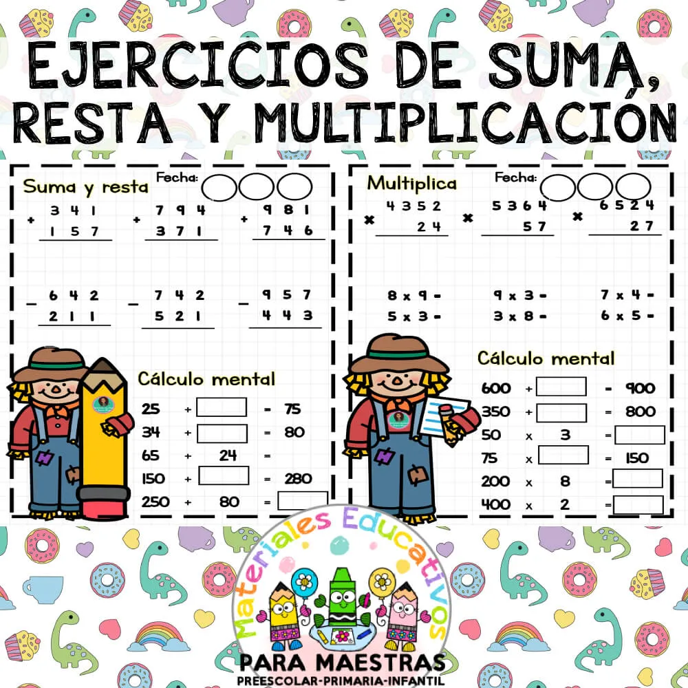 Ejercicios de Suma, Resta y Multiplicación | Materiales Educativos para Maestras Ejercicios de Suma, Resta y Multiplicación | Materiales Educativos para Maestras