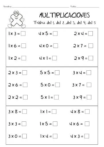 EJERCICIOS TABLAS DE MULTIPLICAR PARA IMPRIMIR | infantil 2.0