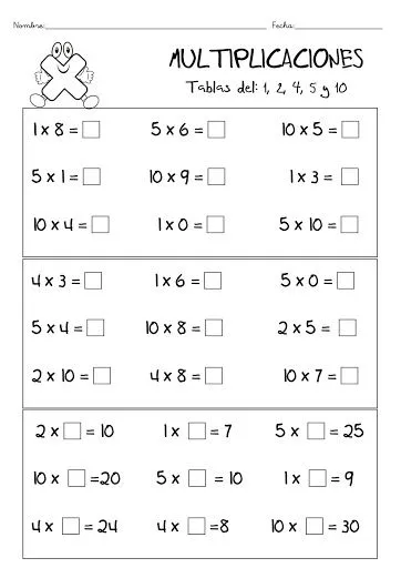 EJERCICIOS TABLAS DE MULTIPLICAR PARA IMPRIMIR