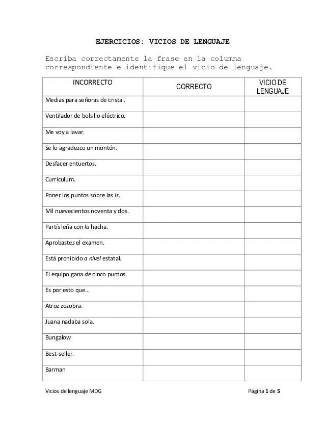 Ejercicios vicios de lenguaje