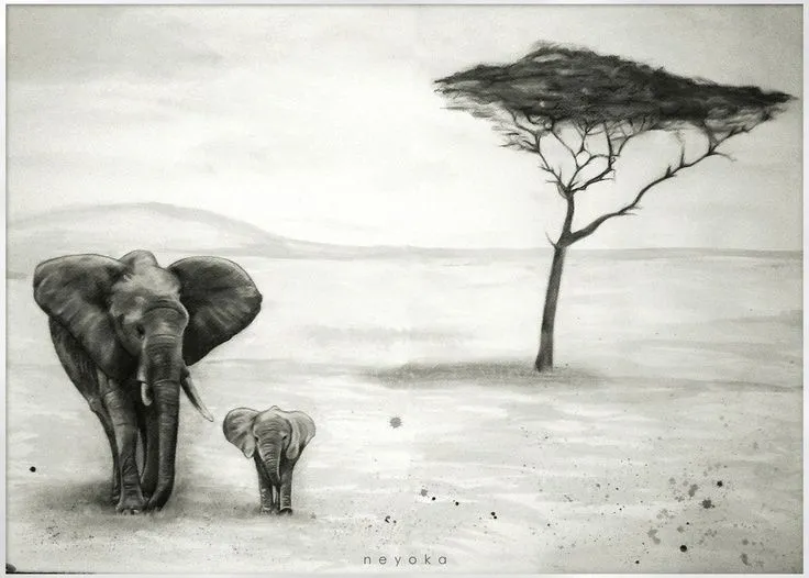 Elefantes} Dibujo al carboncillo y acuarela. 140 x 100cm ...