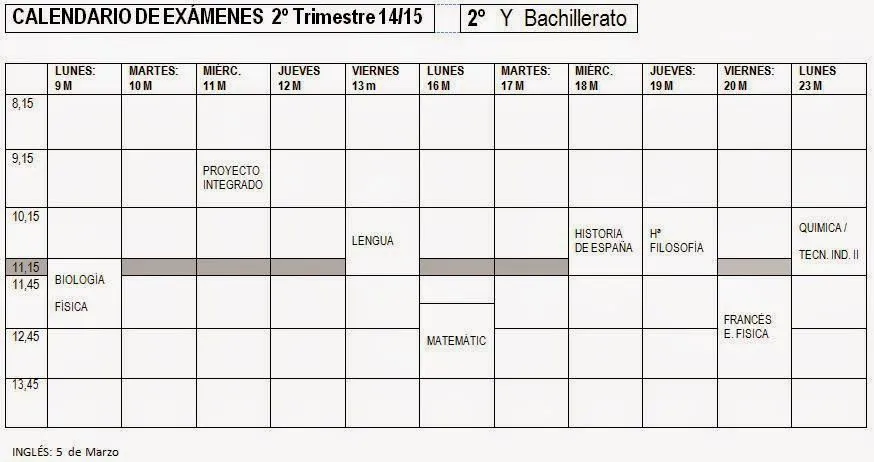 elorientablog: 2º de Bachillerato: calendario de exámenes del 2º ...