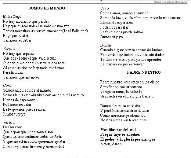 科莱希奥 EMMANUEL EN BOLIVIA: LETRA DE CANCIONES PARA EL CORO 科莱希奥 EMMANUEL EN BOLIVIA: LETRA DE CANCIONES PARA EL CORO