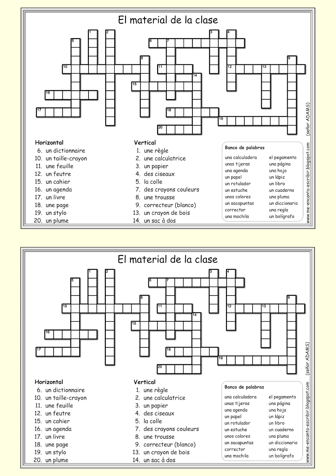 Me encanta escribir en español: El material de la clase (Crucigrama) Me encanta escribir en español: El material de la clase (Crucigrama)