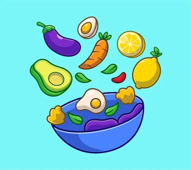 Ensalada de frutas y verduras en dibujos animados de tazón de fuente. concepto de día mundial de la alimentación plana | Vector Premium Ensalada de frutas y verduras en dibujos animados de tazón de fuente. concepto de día mundial de la alimentación plana | Vector Premium
