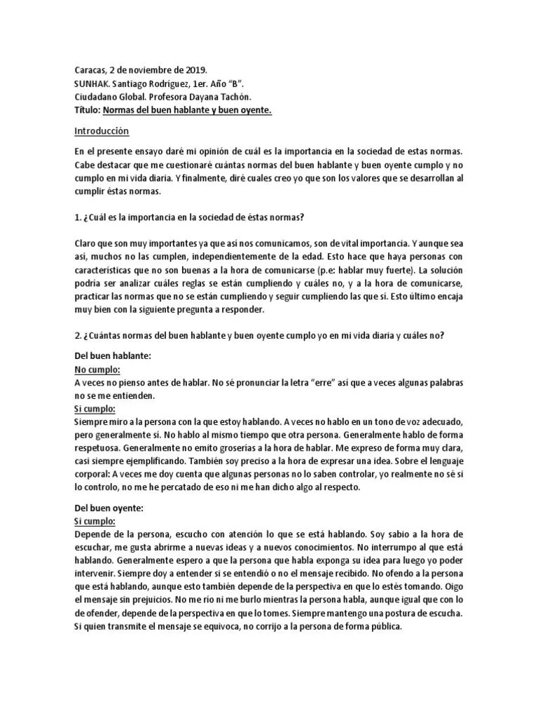 Ensayo Normas de Buen Hablante y Buen Oyente | PDF | Tolerancia | Science Ensayo Normas de Buen Hablante y Buen Oyente | PDF | Tolerancia | Science