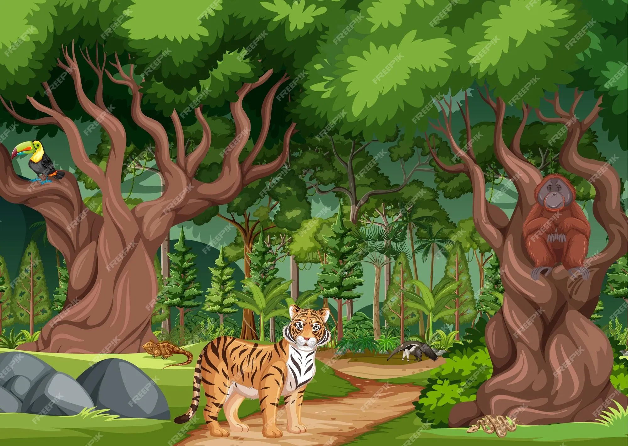Escena de bosque lluvioso o bosque tropical con diferentes animales salvajes. | Vector Premium Escena de bosque lluvioso o bosque tropical con diferentes animales salvajes. | Vector Premium