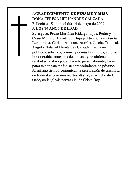 Esquela de agradecimiento de pésame y misa : fallecimiento ...