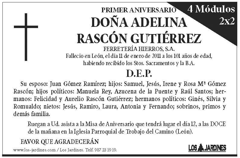 Esquela de Aniversario Diario de León - 4 módulos, Esquelas ... Esquela de Aniversario Diario de León - 4 módulos, Esquelas ...