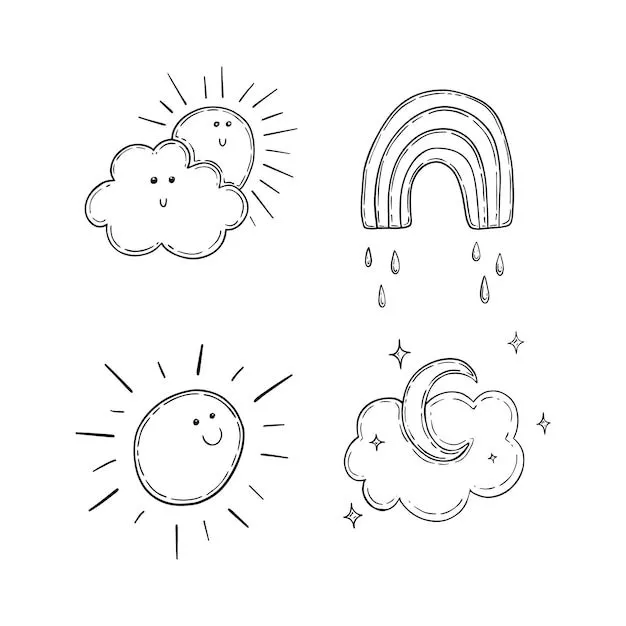Establecer fenómeno meteorológico sol nube luna arco iris lluvia estrellas garabato lineal dibujos animados para colorear | Vector Premium Establecer fenómeno meteorológico sol nube luna arco iris lluvia estrellas garabato lineal dibujos animados para colorear | Vector Premium