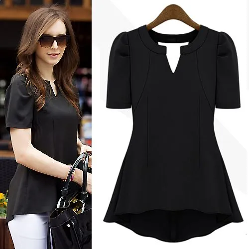 Nuevo estilo de mujer con cuello en V manga corta Sólido Negro ... Nuevo estilo de mujer con cuello en V manga corta Sólido Negro ...