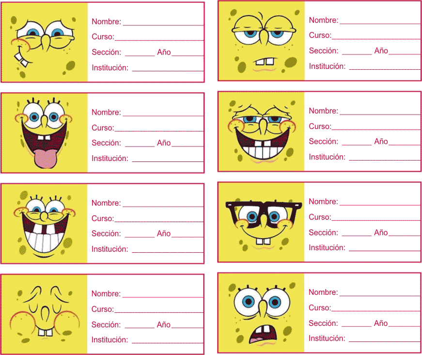 ETIQUETAS PARA CUADERNOS: Bob Esponja Caras
