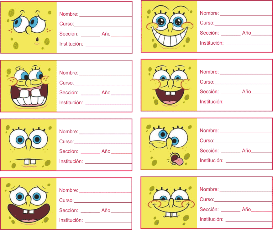 ETIQUETAS PARA CUADERNOS: Bob Esponja Caras ETIQUETAS PARA CUADERNOS: Bob Esponja Caras
