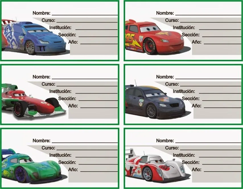 ETIQUETAS PARA CUADERNOS: Cars Carros de Competencia para Hombres ETIQUETAS PARA CUADERNOS: Cars Carros de Competencia para Hombres