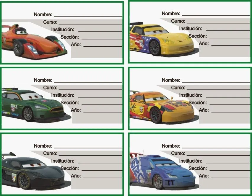 ETIQUETAS PARA CUADERNOS: Cars Carros de Competencia para Hombres ETIQUETAS PARA CUADERNOS: Cars Carros de Competencia para Hombres