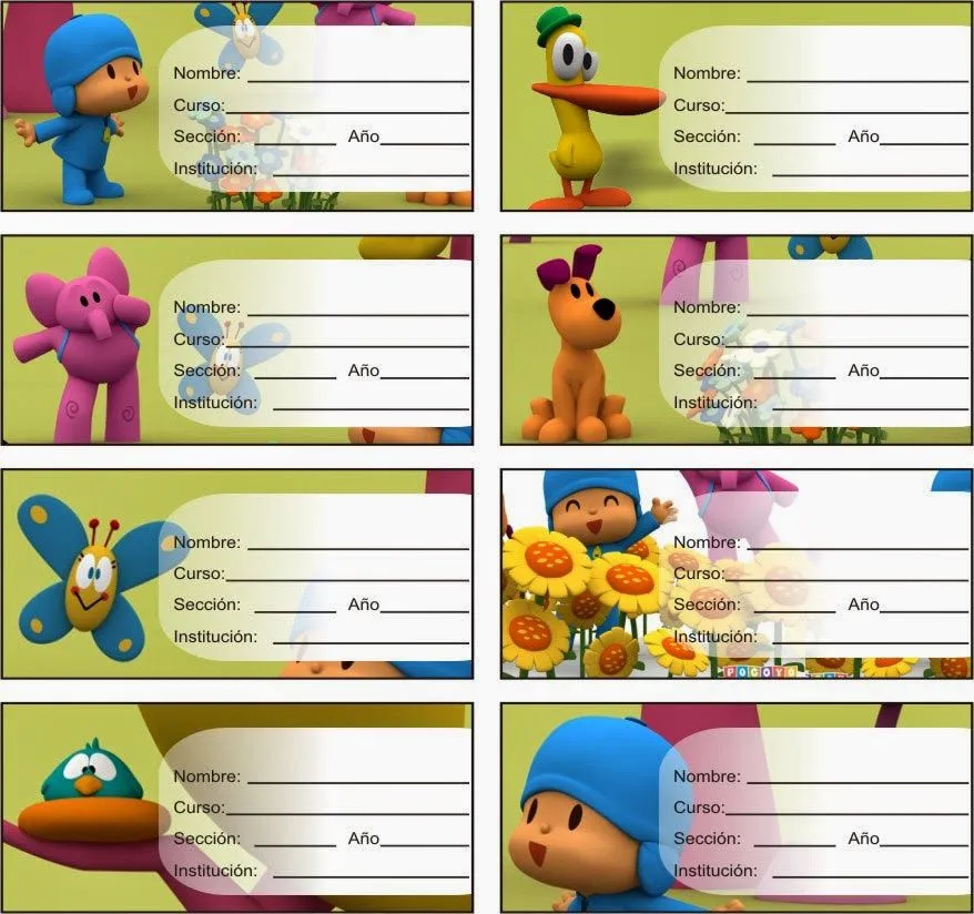 ETIQUETAS PARA CUADERNOS: POCOYO Y SUS AMIGOS PARA IMPRIMIR