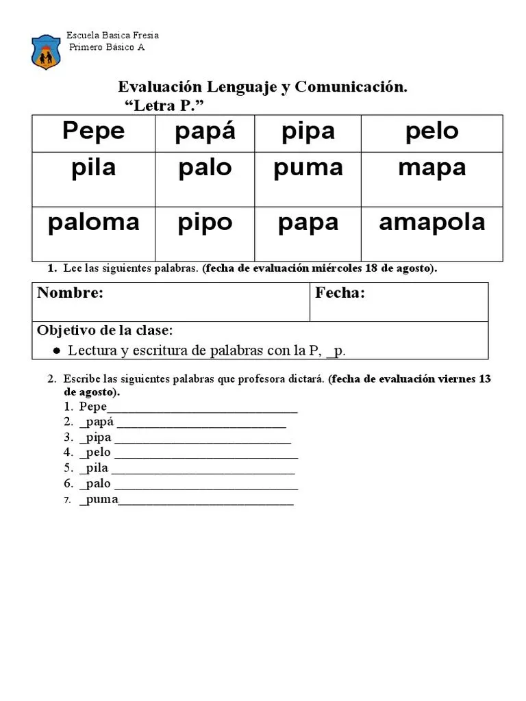 Evaluación Lectura y Escritura Palabras P | PDF Evaluación Lectura y Escritura Palabras P | PDF