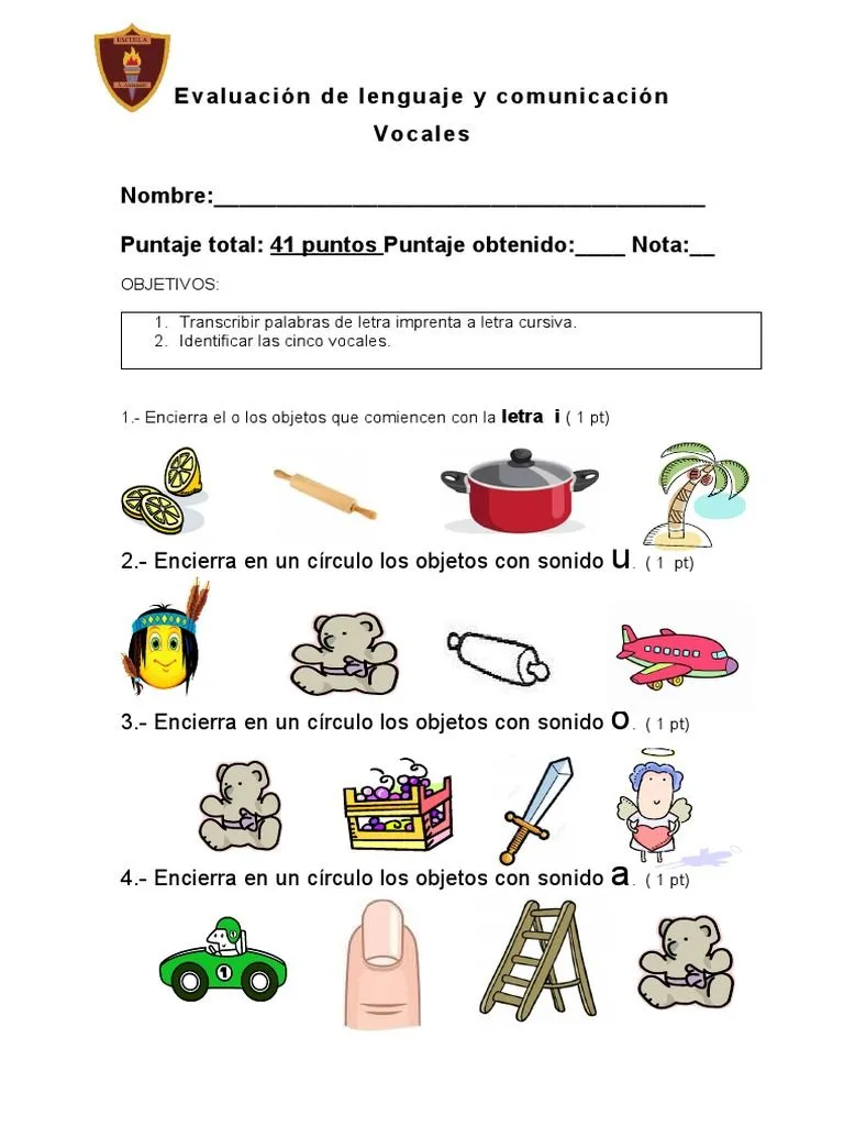 Evaluación de Lenguaje y Comunicación - Vocales | PDF Evaluación de Lenguaje y Comunicación - Vocales | PDF
