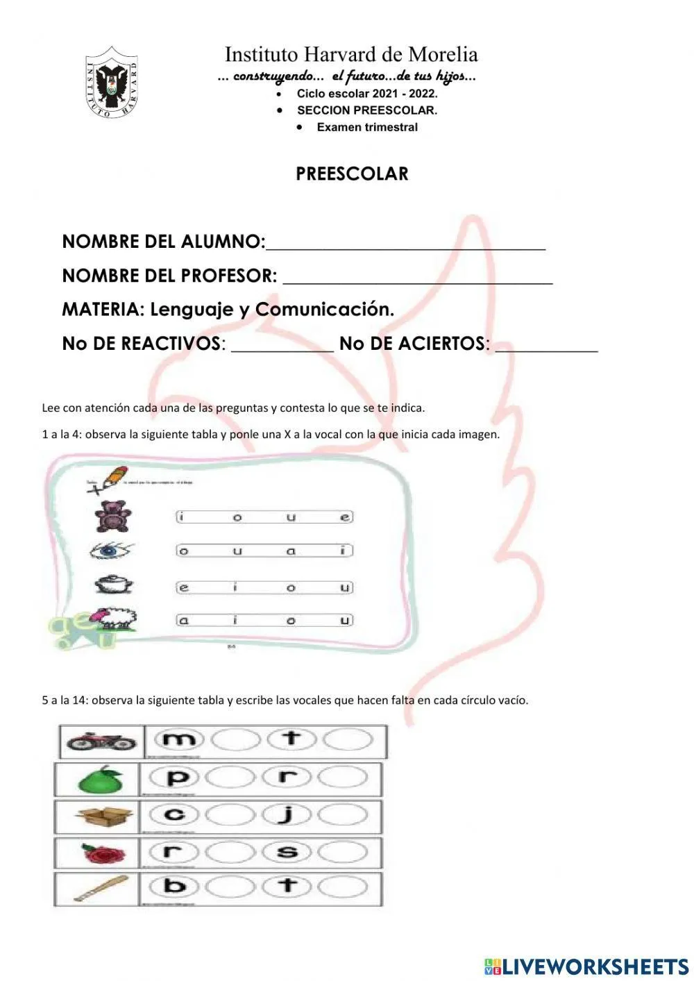 Examen trimestral interactive worksheet for preescolar 3 | Live Worksheets Examen trimestral interactive worksheet for preescolar 3 | Live Worksheets