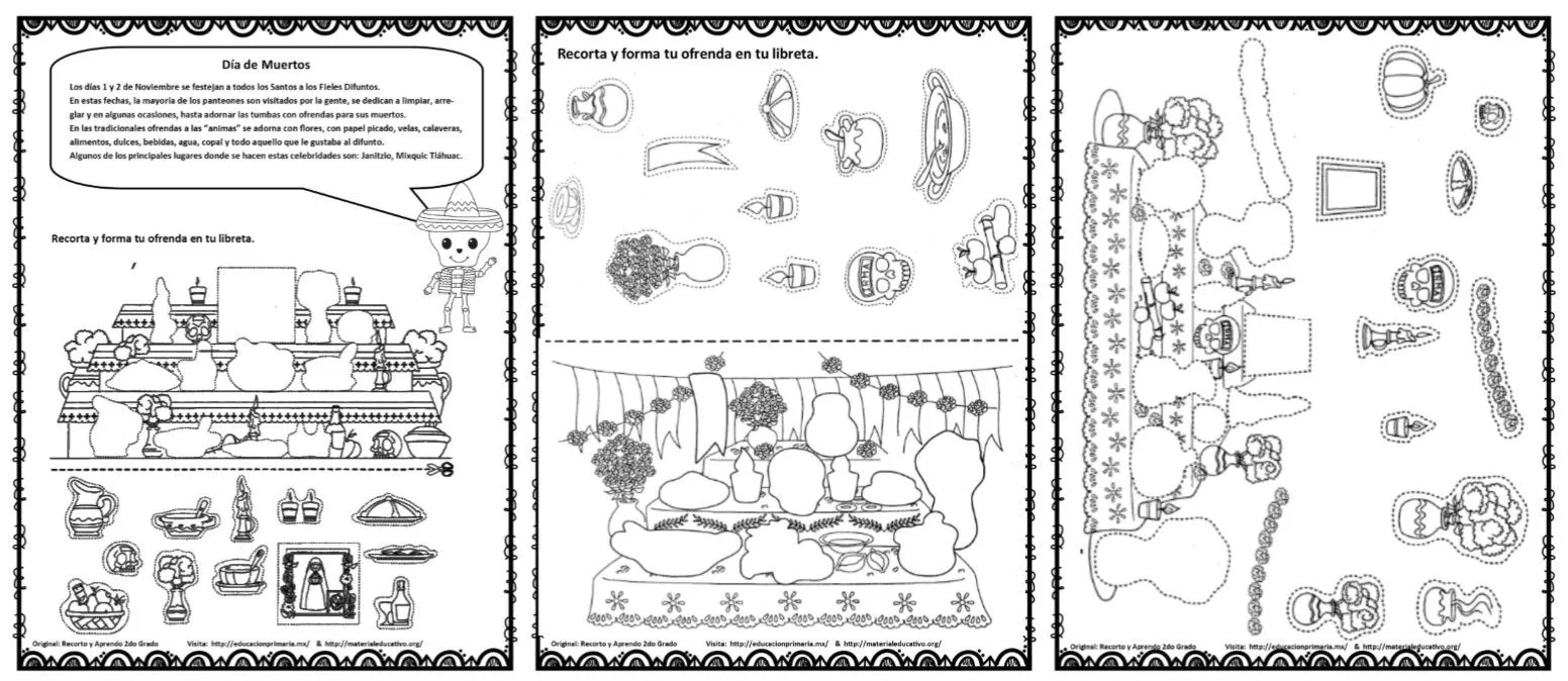 Excelentes altares y ofrendas del día de muertos para colorear, recortar, pegar y armar | Material Educativo Excelentes altares y ofrendas del día de muertos para colorear, recortar, pegar y armar | Material Educativo