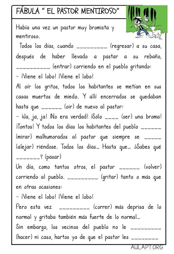 LA FÁBULA DEL PASTOR MENTIROSO. ACTIVIDADES DE COMPRENSIÓN - Aula PT LA FÁBULA DEL PASTOR MENTIROSO. ACTIVIDADES DE COMPRENSIÓN - Aula PT