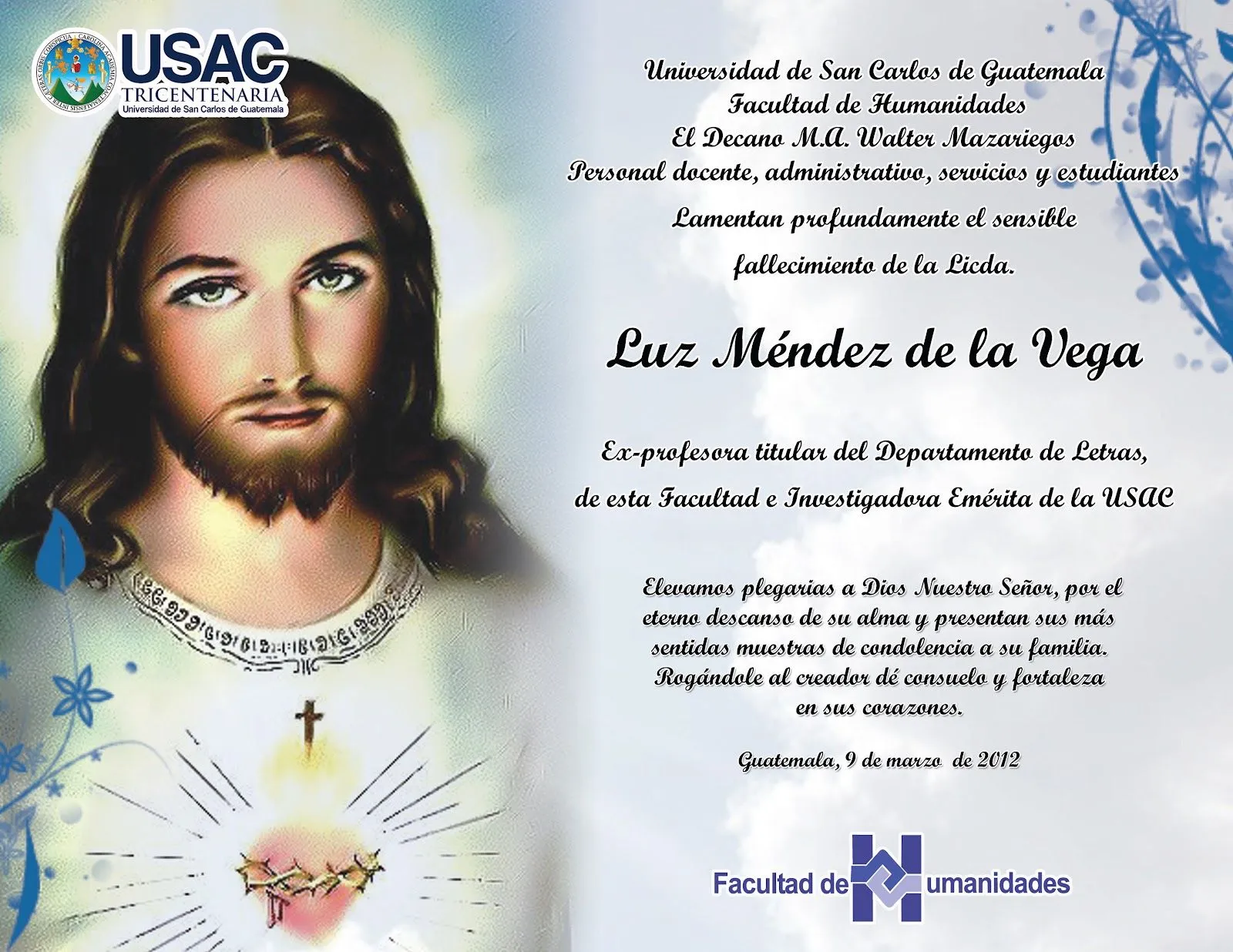 Facultad de Humanidades: Fallecimiento de Licda. Luz Méndez de la Vega