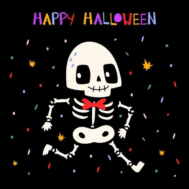 Feliz colección de halloween con lindo esqueleto con diferentes emociones e inscripción de movimiento y | Vector Premium Feliz colección de halloween con lindo esqueleto con diferentes emociones e inscripción de movimiento y | Vector Premium