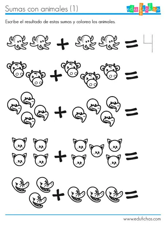 Ficha para aprender a sumar con dibujos de animales. http://www ...