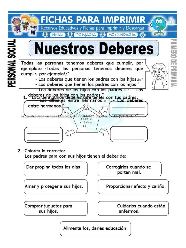 Ficha de Nuestros Deberes para Primero de Primaria | PDF Ficha de Nuestros Deberes para Primero de Primaria | PDF