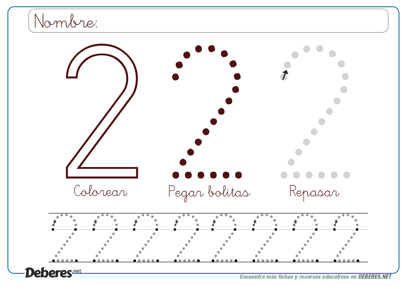 Ficha del numero 2 dos para colorear pegar bolitas y repasar ...