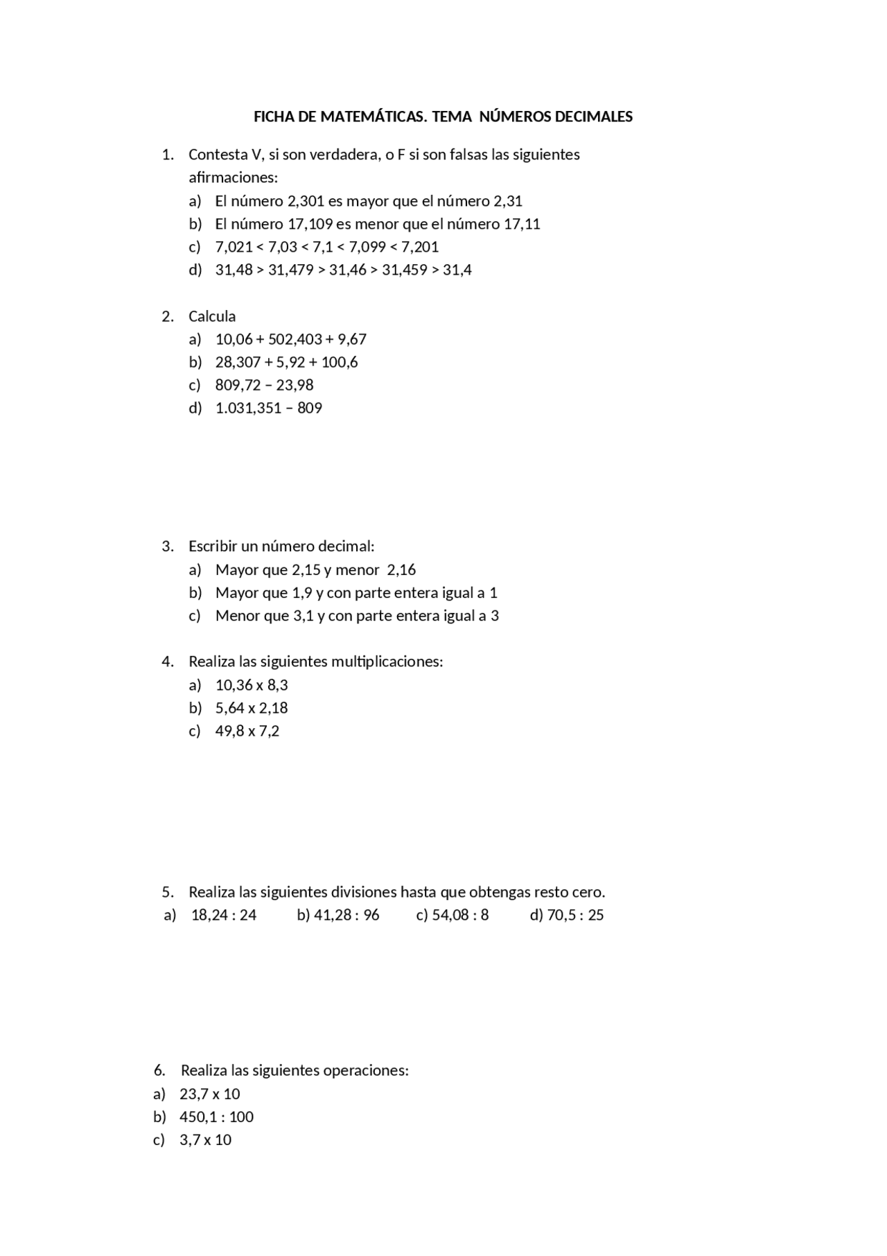 Ficha números decimales | Ejercicios de Matemáticas | Docsity Ficha números decimales | Ejercicios de Matemáticas | Docsity