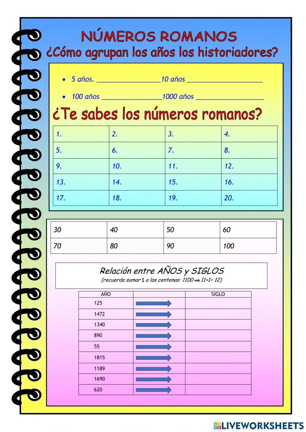 Ficha de números romanos y siglos worksheet | Live Worksheets