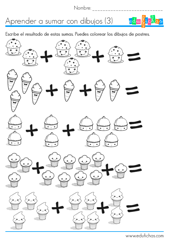 Ficha de sumas con dibujitos para niños