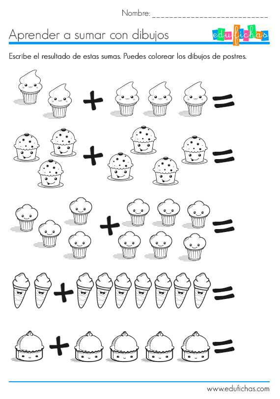 Ficha de sumas con dibujos. Aprender a sumar | Fichas de matemáticas para guardería, Actividades de matemáticas preescolares, Suma y resta Ficha de sumas con dibujos. Aprender a sumar | Fichas de matemáticas para guardería, Actividades de matemáticas preescolares, Suma y resta