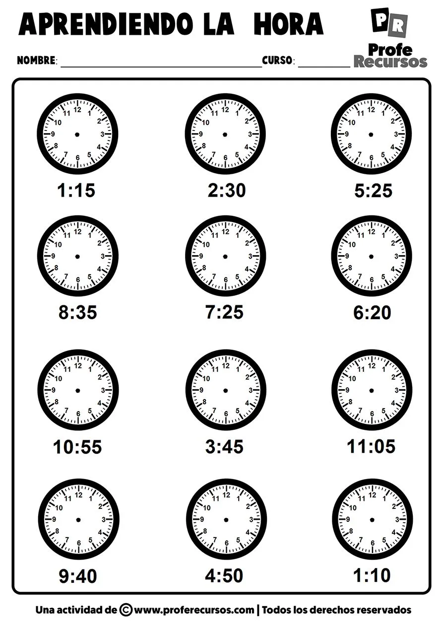 Fichas para Aprender La Hora | Relojes Analógicos con Manecillas