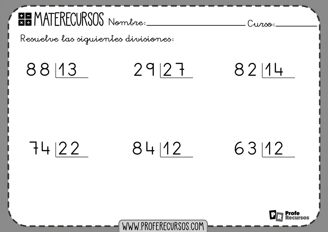 Fichas de Divisiones de 2 Cifras | Para IMPRIMIR y Resolver Fichas de Divisiones de 2 Cifras | Para IMPRIMIR y Resolver