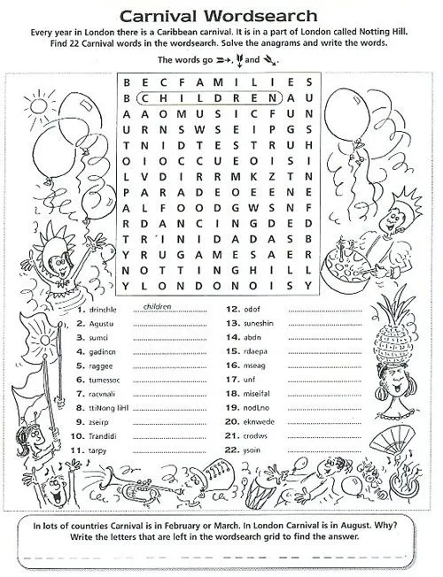 Fichas de Inglés para niños: Sopa de letras del carnaval
