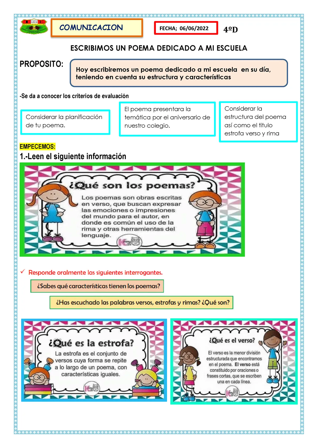 Fichas 06 junio 4ºD - PERSONAL - 4ºD ESCRIBIMOS UN POEMA DEDICADO A MI ESCUELA PROPOSITO: -Se da a - Studocu Fichas 06 junio 4ºD - PERSONAL - 4ºD ESCRIBIMOS UN POEMA DEDICADO A MI ESCUELA PROPOSITO: -Se da a - Studocu